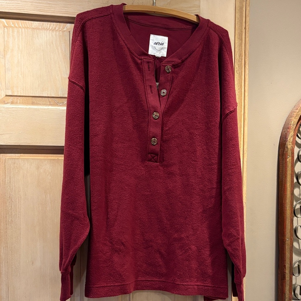 Aerie Deep Cherry Sherpa Henley Sweatshirt Size XL